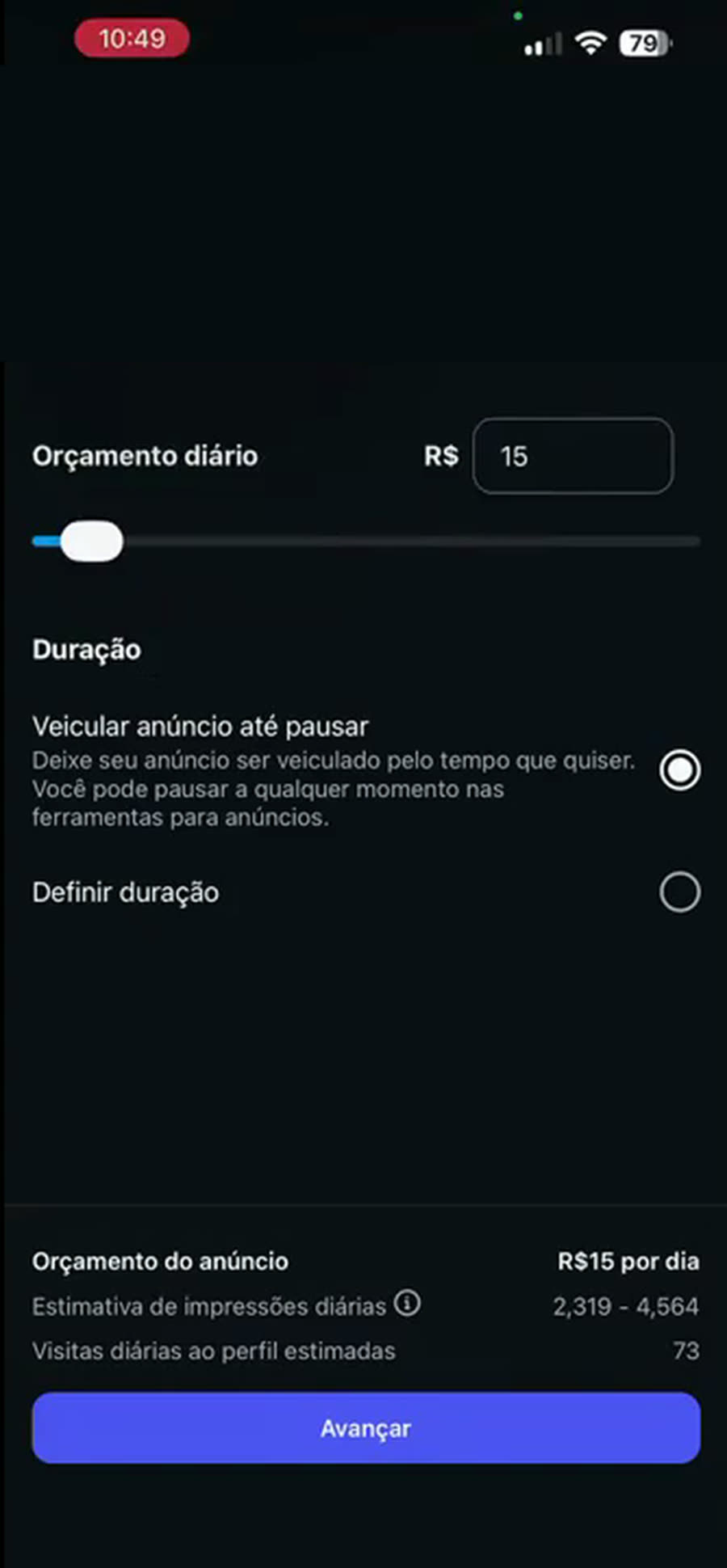 Tela de orçamento e duração do anúncio