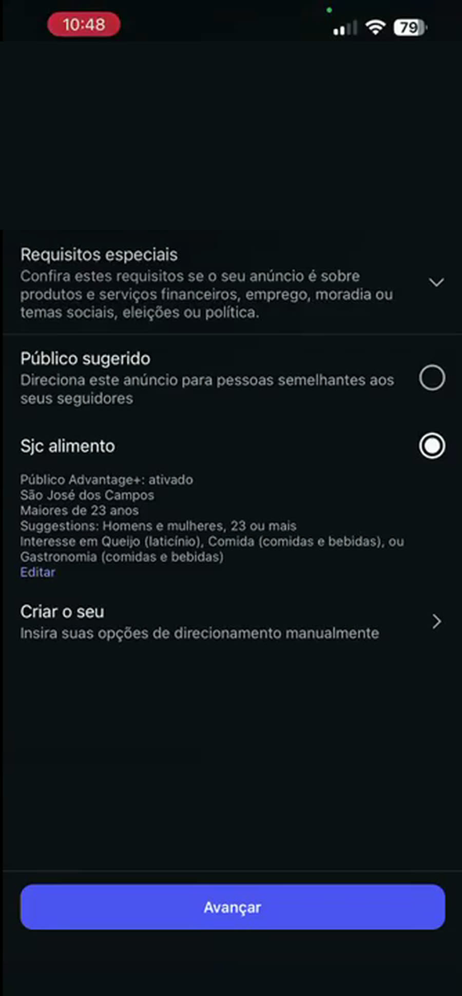 Tela de escolha do público do anúncio