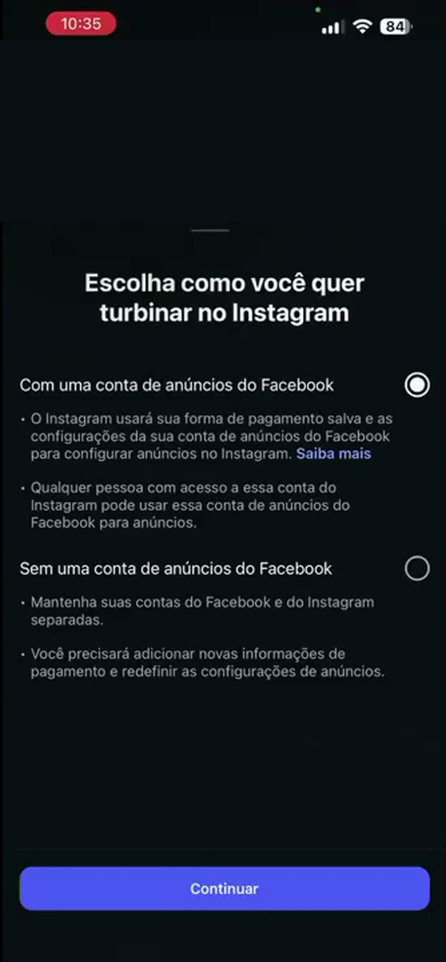 Tela de turbinar no Instagram